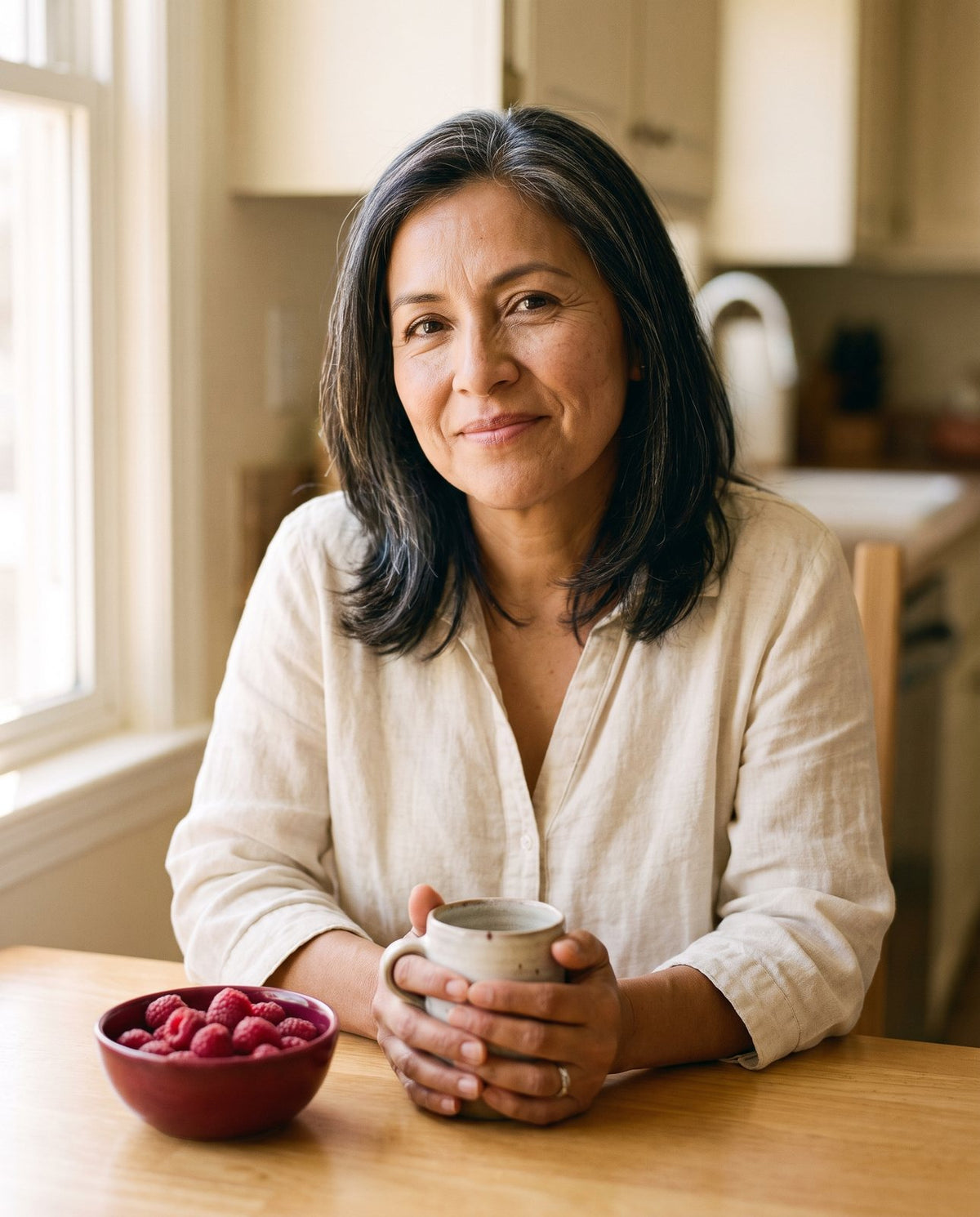 Mujer sonriendo en su cocina por la mañana